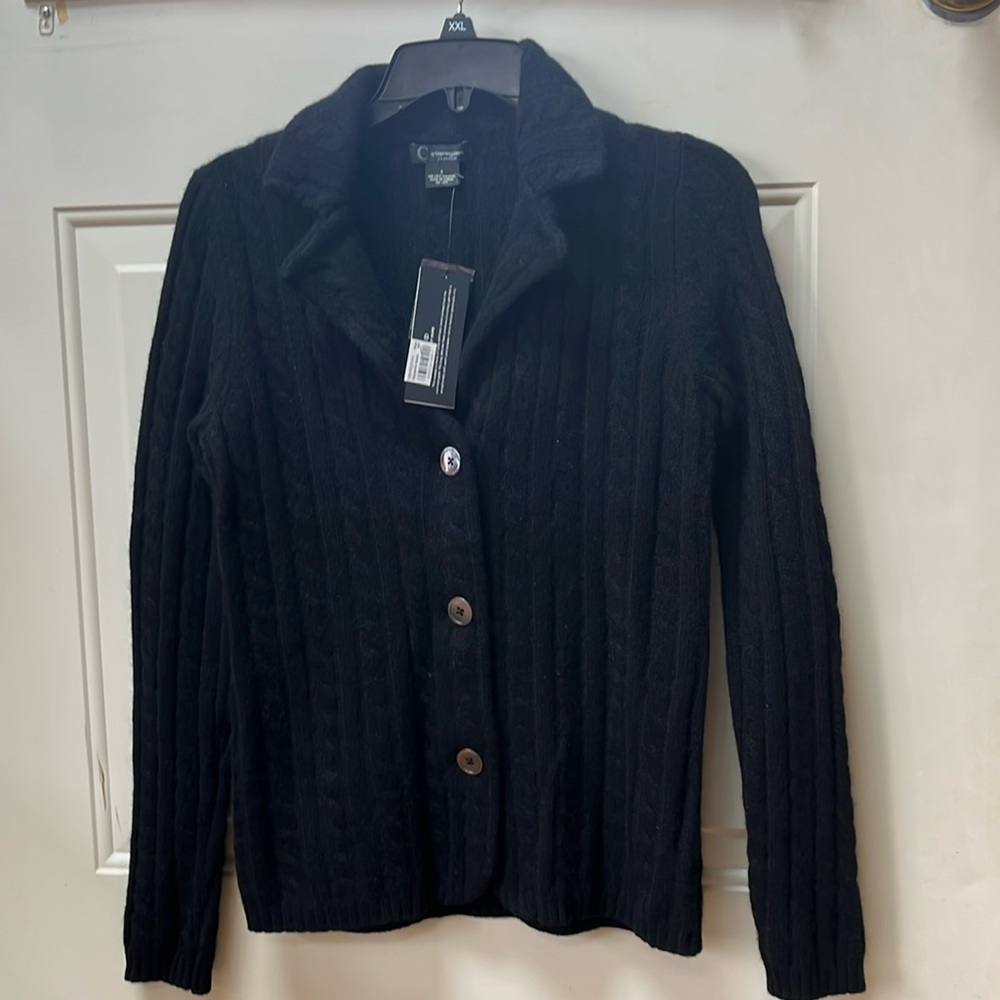 NWT Black Cashmere Cardigan Sweater. C by Bloomingdale’s. Size S. Rib detail.